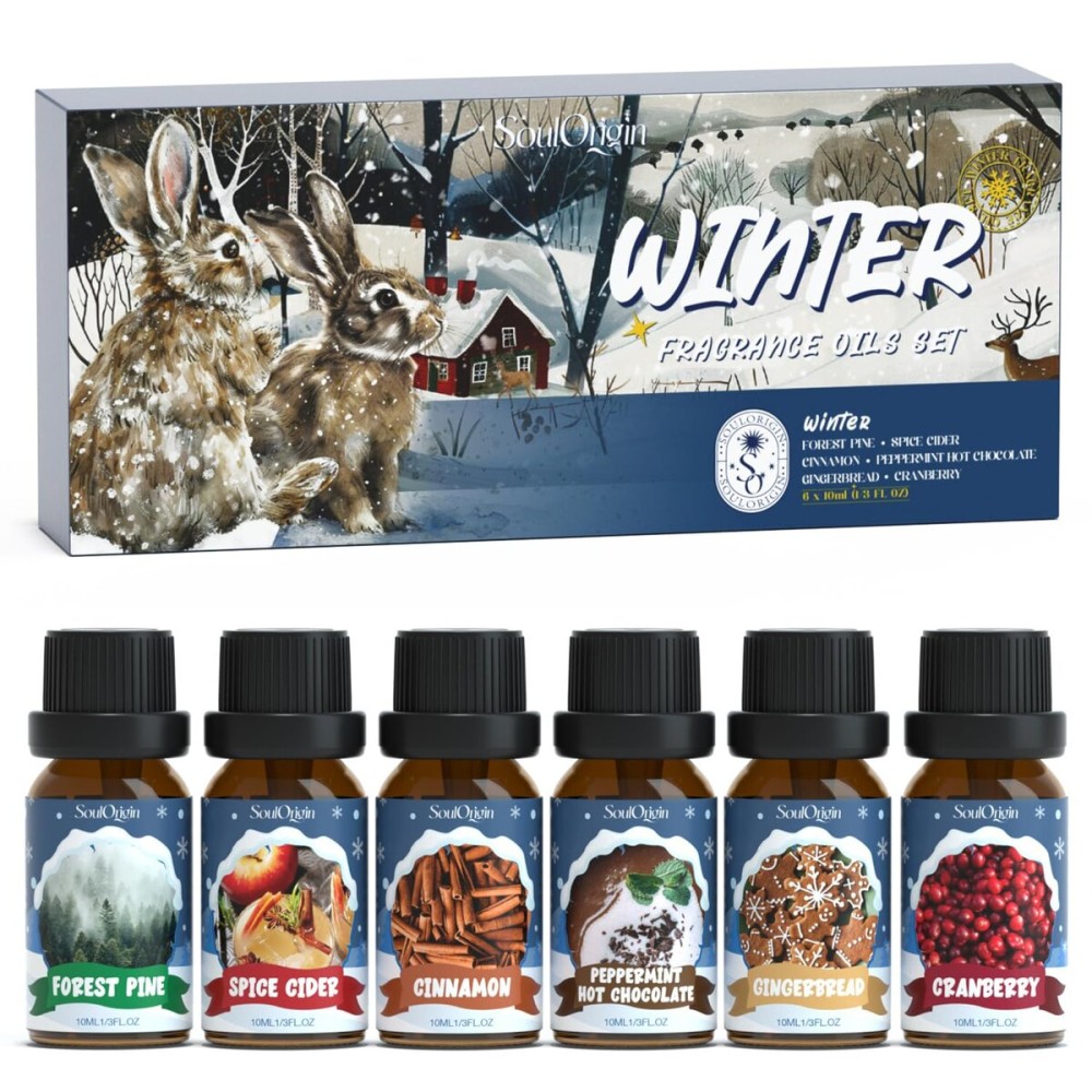 SoulOrigin Winter Essential Oils Set, Fragrance Oil Gift Set for Oil Diffusers, Scented Oils for Soap 6x10ml - Forest Pine, Spiced Apple Cider, Cinnamon, Mint Hot Chocolate, Gingerbread, and Cranberry