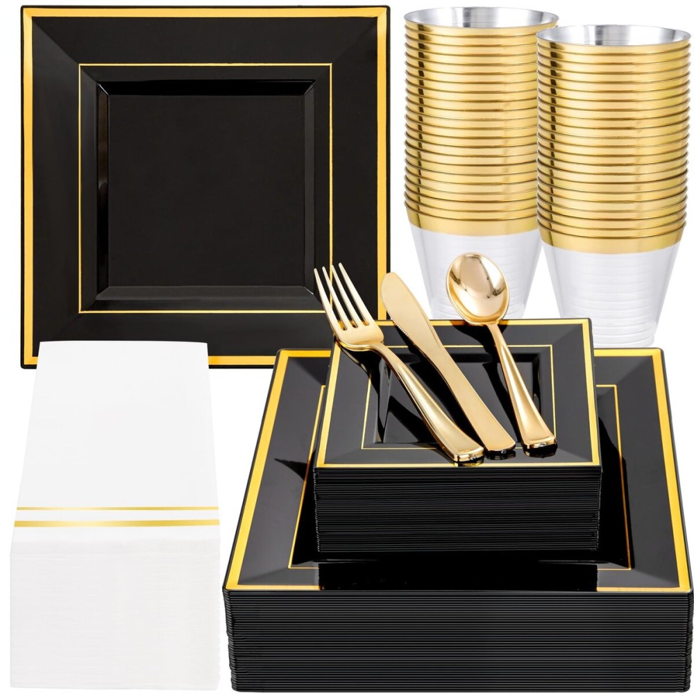 Festiva 350Pcs Black and Gold Plastic Plates-50Guests Disposable Square Black Dinnerware Set include 100 Plastic Plates,50Cups,150Plastic Cutlery,50Napkins for Party &Wedding&New Year