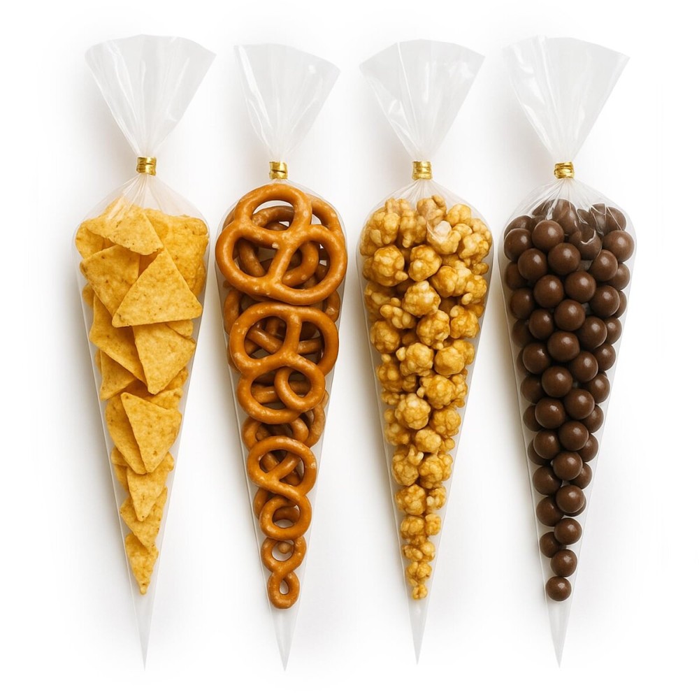WIKDAY Cone Shaped Treat Bags 100 PCS 6.3x11.8 Inches Clear Plastic Popcorn Bags with Ties Party Favor Candy for Gift Giving, Packaging Snack, Products