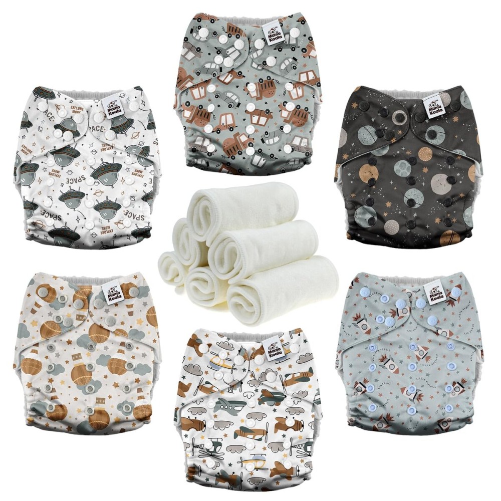 Mama Koala 3.0 Cloth Diapers for Babies with AWJ Lining, 6 Pack with 6 Natural Cloth Diaper Inserts - Reusable and Washable Pocket Diapers (Space Ranger)