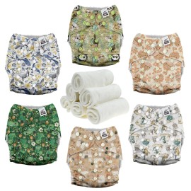 Mama Koala 3.0 Pocket Cloth Diapers for Babies with AWJ Lining, 6 Pack with 6 4-Layer Natural Cloth Diaper Inserts - Reusable and Washable Pocket Diapers (Animal Legends)