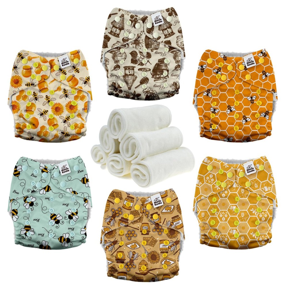 Mama Koala 3.0 Pocket Cloth Diapers for Babies with AWJ Lining, 6 Pack with 6 4-Layer Natural Cloth Diaper Inserts - Reusable and Washable Pocket Diapers(Hardworking Bees)