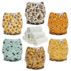 Mama Koala 3.0 Pocket Cloth Diapers for Babies with AWJ Lining, 6 Pack with 6 4-Layer Natural Cloth Diaper Inserts - Reusable and Washable Pocket Diapers(Hardworking Bees)