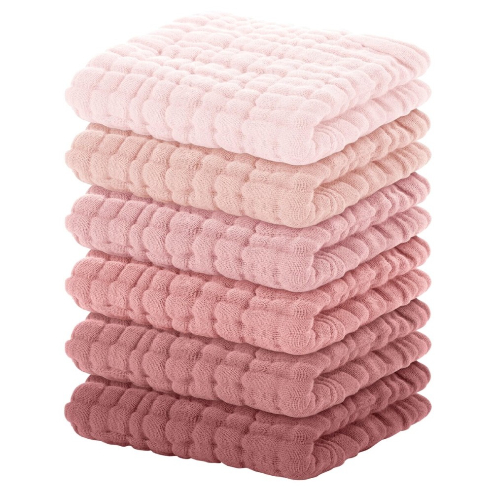 Yoofoss Muslin Baby Washcloths 100% Organic Cotton Face Towels 6 Pack Wash Cloths for Baby 12x12in Soft and Absorbent Baby Wipes (Gradient Pink)