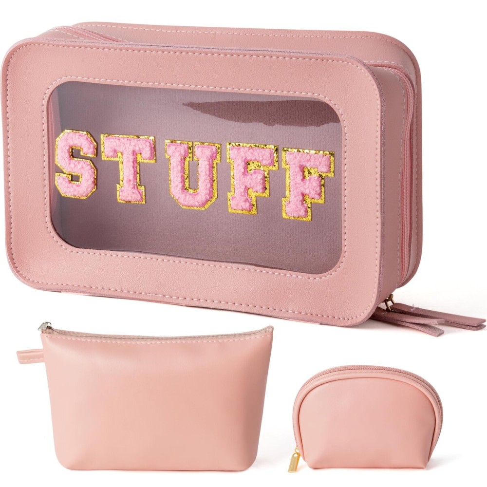 Y1tvei Makeup Bag for Women, STUFF Clear Cosmetic Bags Travel Toiletry Bag, Heavy Duty Makeup Organizer, Cute Makeup Case Bag Accessories with Clear Windows & Gold Zippers(Pink)