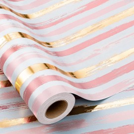 MAYPLUSS Girl Pink Wrapping Paper Roll - 17 Inch X 33 Feet - Elegant Thick Shimmering Stripe Pink Gold Foil Paper Baby Gift Wrap for Baby Shower, Wedding, Bridal, Birthday Party, Valentines Day