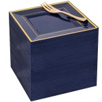 WDF 200PCS Blue Plastic Dessert Plates with Plastic Forks -6 100 Square Disposable Appetizer Plates Small Cake Plates with Gold&100 Navy Blue Small Appetizer Forks for Hanukkah