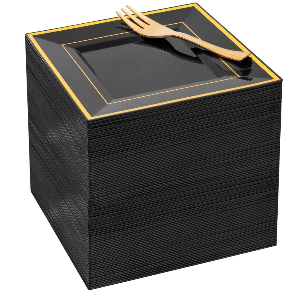 WDF 200PCS Black and Gold Plastic Dessert Plates with Plastic Forks -6 100 Square Disposable Appetizer Plates Small Plate Cake Plate with Gold Rim for New Year