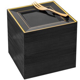 WDF 200PCS Black and Gold Plastic Dessert Plates with Plastic Forks -6 100 Square Disposable Appetizer Plates Small Plate Cake Plate with Gold Rim for New Year