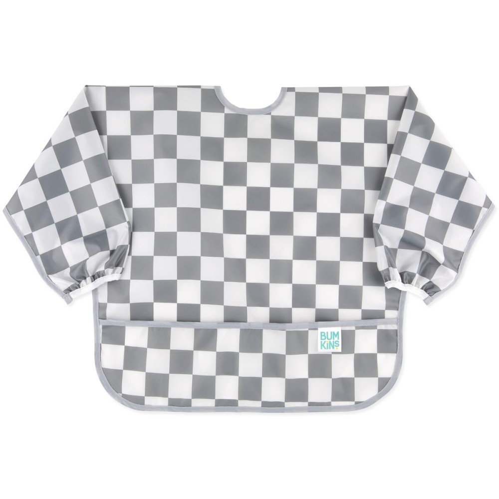 Bumkins Sleeved Bib for Girl or Boy, Baby and Toddler for 6-24 Mos, Essential Must Have for Eating, Feeding, Baby-Led Weaning Supplies, Long Sleeve Mess Saving Food Catcher, Fabric, Gray Check