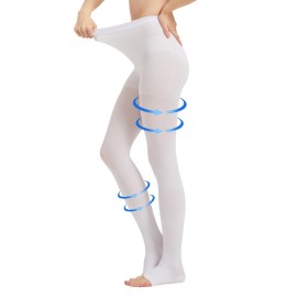 AMZAM Medical Compression Pantyhose for Women Men, 15-20 mmHg Graduated Compression Tights, Opaque Toeless Compression Stockings Waist High Support Tights for Edema, Varicose Veins, DVT, White L
