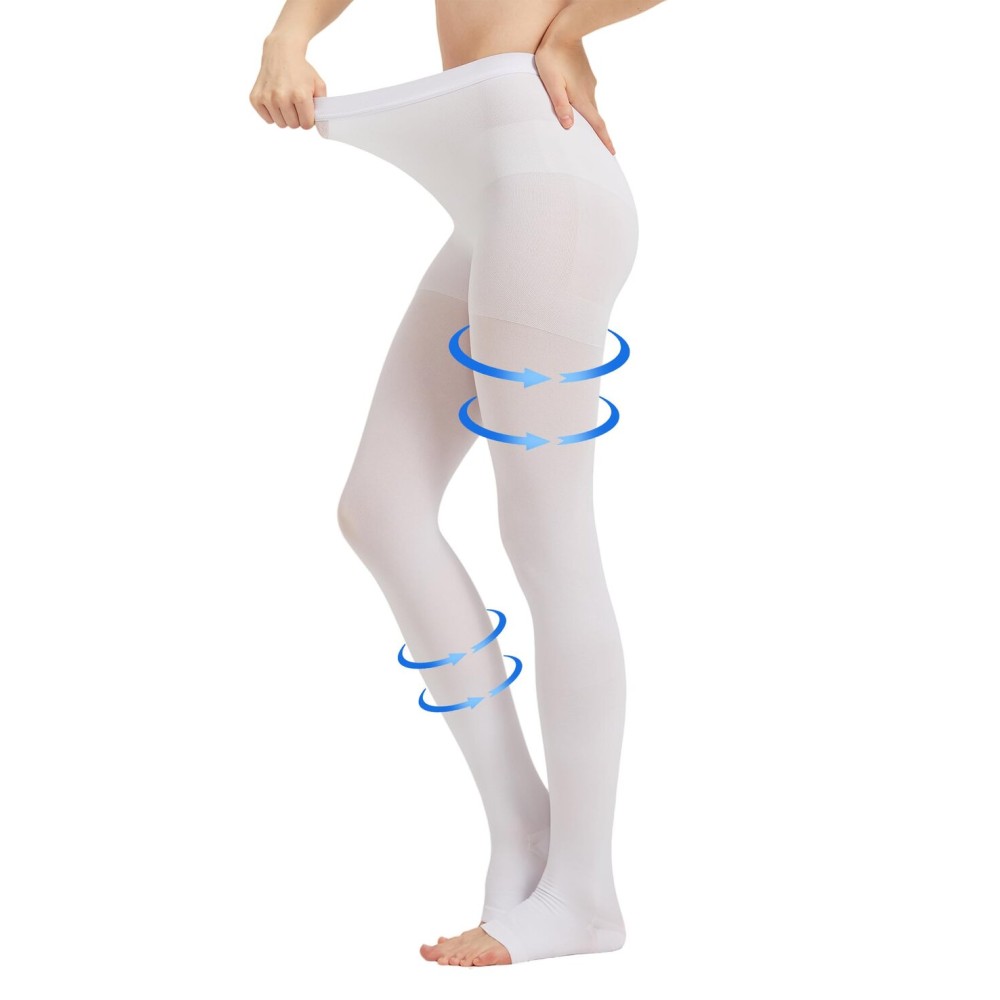 AMZAM Medical Compression Pantyhose for Women Men, 15-20 mmHg Graduated Compression Tights, Opaque Toeless Compression Stockings Waist High Support Tights for Edema, Varicose Veins, DVT, White M