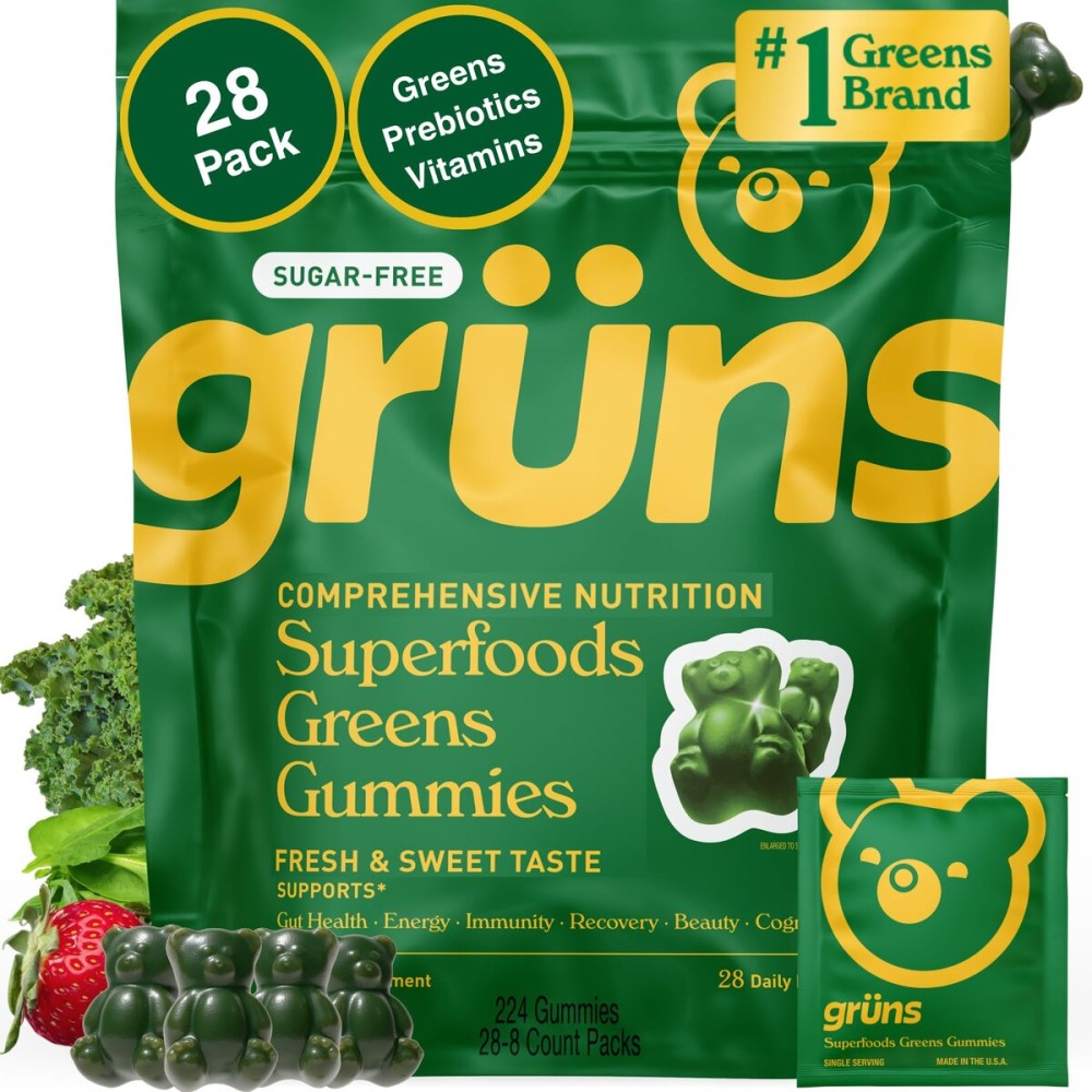 Gruns Adult Sugar-Free Super Greens Gummies, Superfood Vitamin Gummy Bears with Spirulina, Chlorella, Fiber & Prebiotics for Digestive Health, Adaptogens Supplement, 20 Vitamins & Minerals, 28 packets