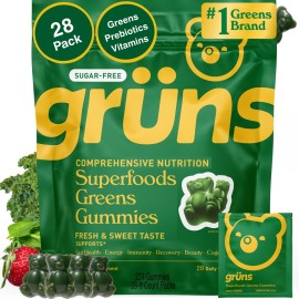 Gruns Adult Sugar-Free Super Greens Gummies, Superfood Vitamin Gummy Bears with Spirulina, Chlorella, Fiber & Prebiotics for Digestive Health, Adaptogens Supplement, 20 Vitamins & Minerals, 28 packets