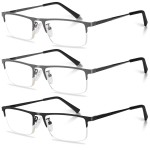 Anourney 3-Pack Reading Glasses for Men, Lightweight Metal Half Frame Blue Light Blocking Computer Readers, Stylish Filter UV Ray/Computer Glare with Spring Hinge Eyeglasses(2 Gray+1 Black,+2.75)
