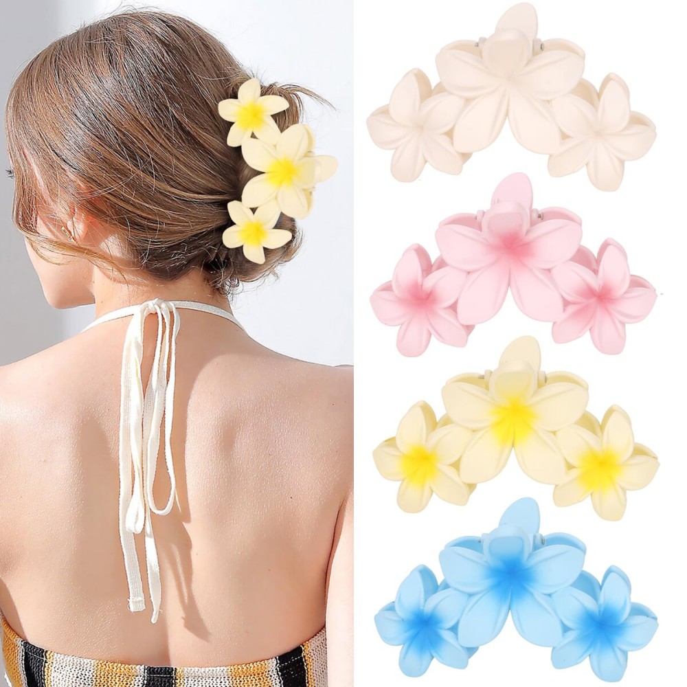 ANBALA 4PCS Flower Matte Claw Clips for Thick Hair - Large Plumeria Hair Accessories for Women, Summer Beach Hair Clips (Colorful)
