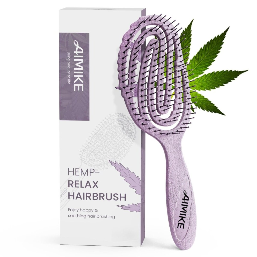 AIMIKE Hemp-Relax Detangler Hair Brush, Eco-Friendly Detangling Brush for Wavy Straight Hair, Vented Hairbrush w/Soft Bristles, Glide Through Tangles with Ease for Women, Kids, Wet & Dry Hair