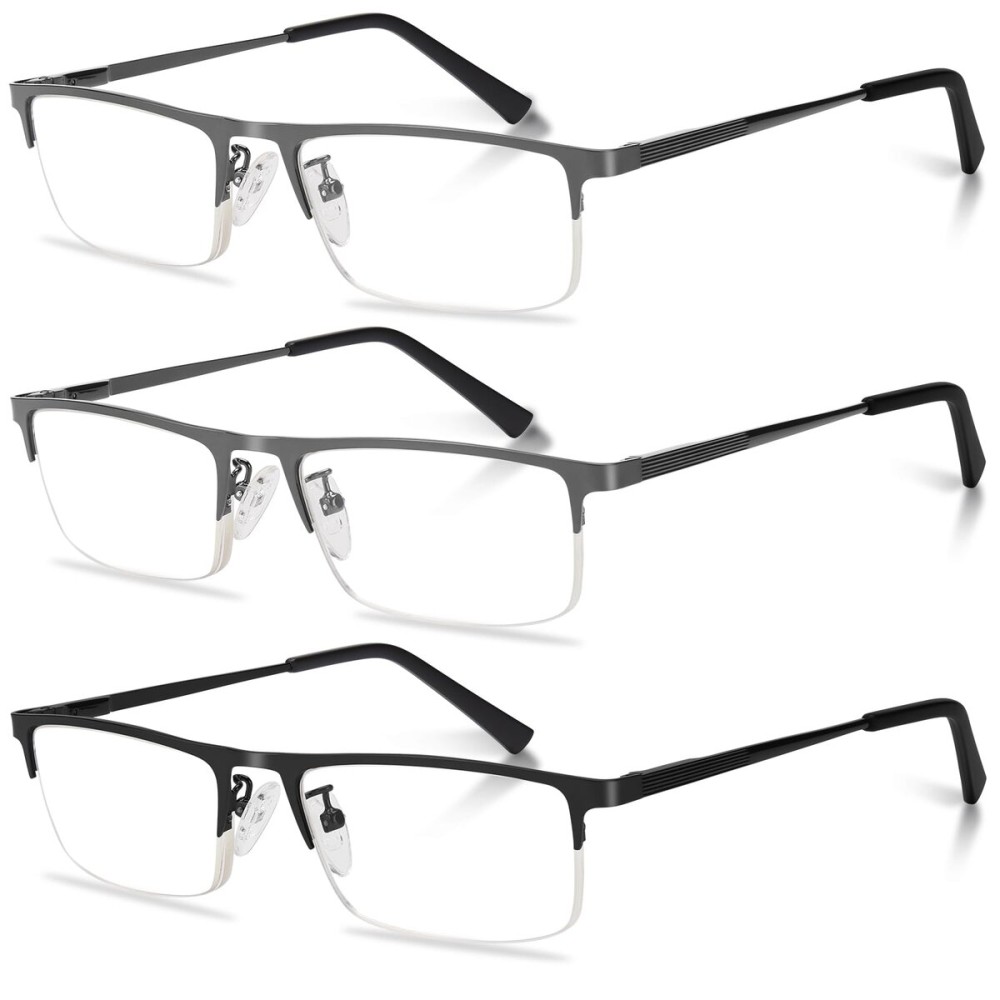 Anourney 3-Pack Reading Glasses for Men, Lightweight Metal Half Frame Blue Light Blocking Computer Readers, Stylish Filter UV Ray/Computer Glare with Spring Hinge Eyeglasses(2 Gray+1Black,+2.25)