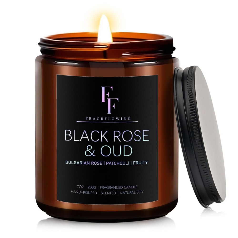 Black Rose & Oud Scented Candles, Candles for Home Scented Aromatherapy Candles,Soy Wax Candle Gift for Women Men Amber Jar Candle, 7oz