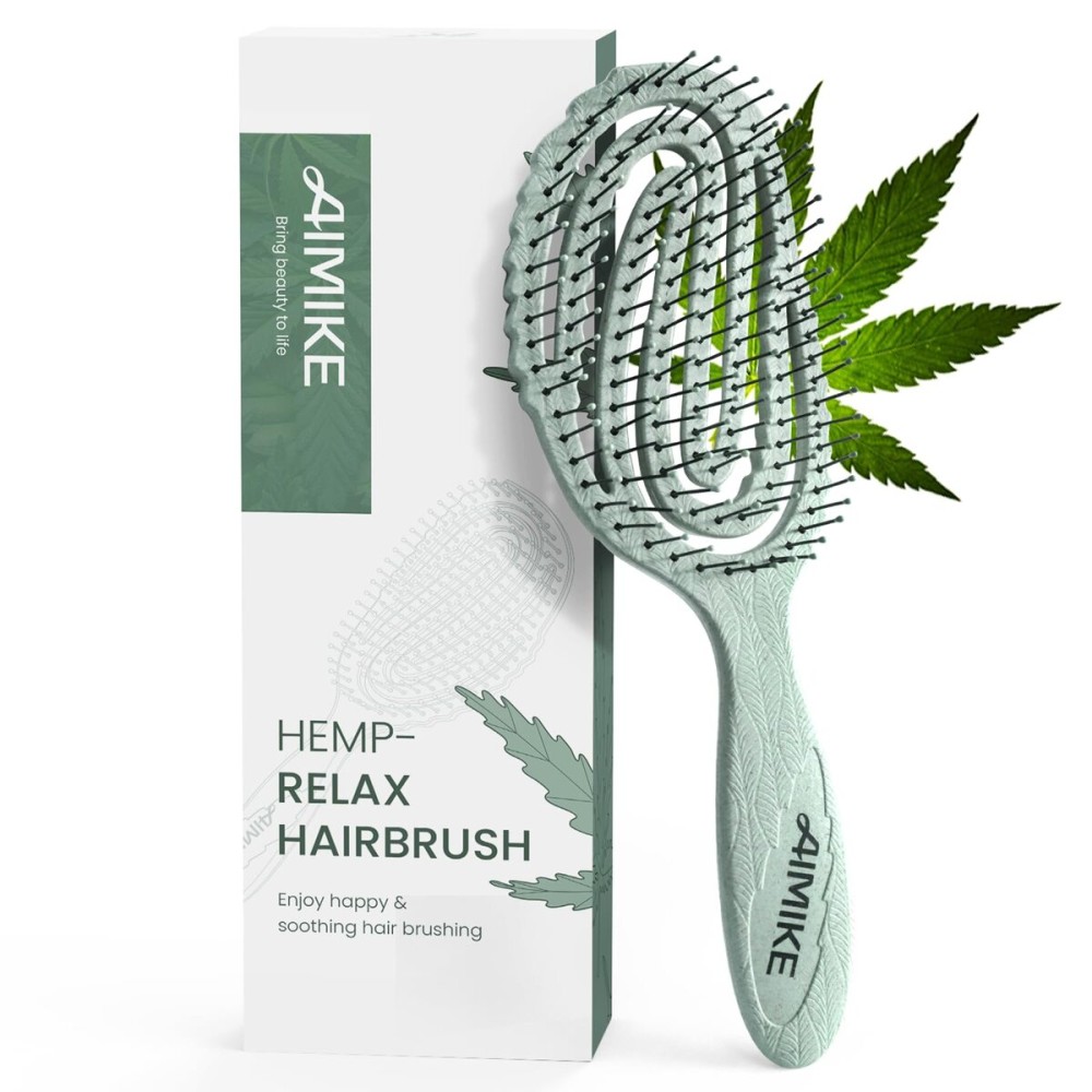 AIMIKE Hemp-Relax Detangler Hair Brush, Eco-Friendly Detangling Brush for Wavy Straight Hair, Vented Hairbrush w/Soft Bristles, Glide Through Tangles with Ease for Women, Kids, Wet & Dry Hair