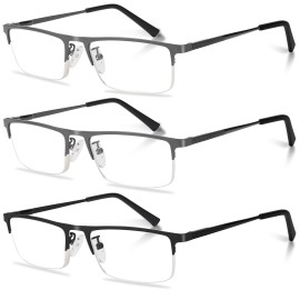 Anourney 3-Pack Reading Glasses for Men, Lightweight Metal Half Frame Blue Light Blocking Computer Readers, Stylish Filter UV Ray/Computer Glare with Spring Hinge Eyeglasses(2PCS Gray+1PCS Black,+2.0)