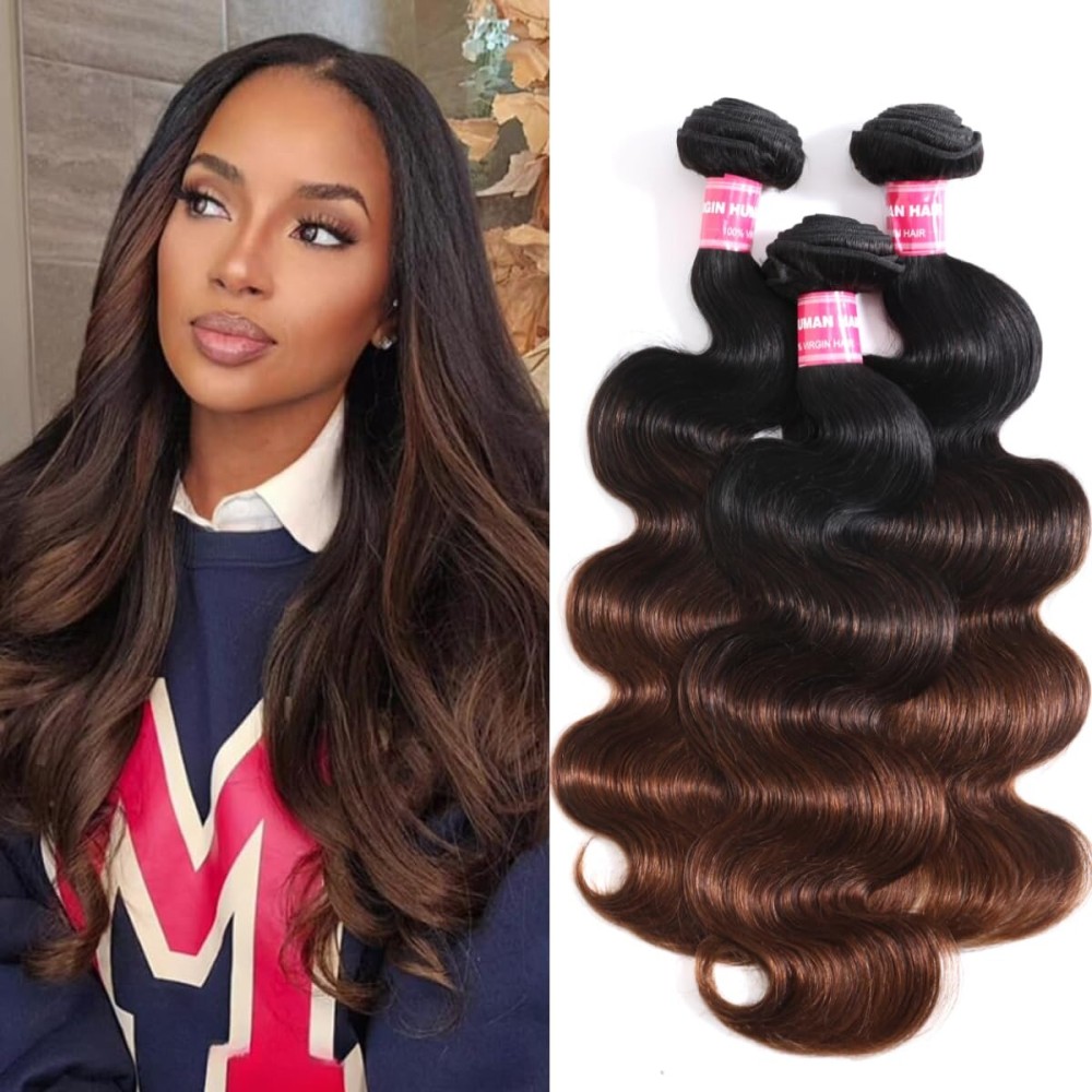 UNICE Chestnut Brown Ombre Body Wave Human Hair Weave 3 Bundles 10 10 10 inch Brazilian Remy Human Hair Wavy Sew in Human Hair Extensions