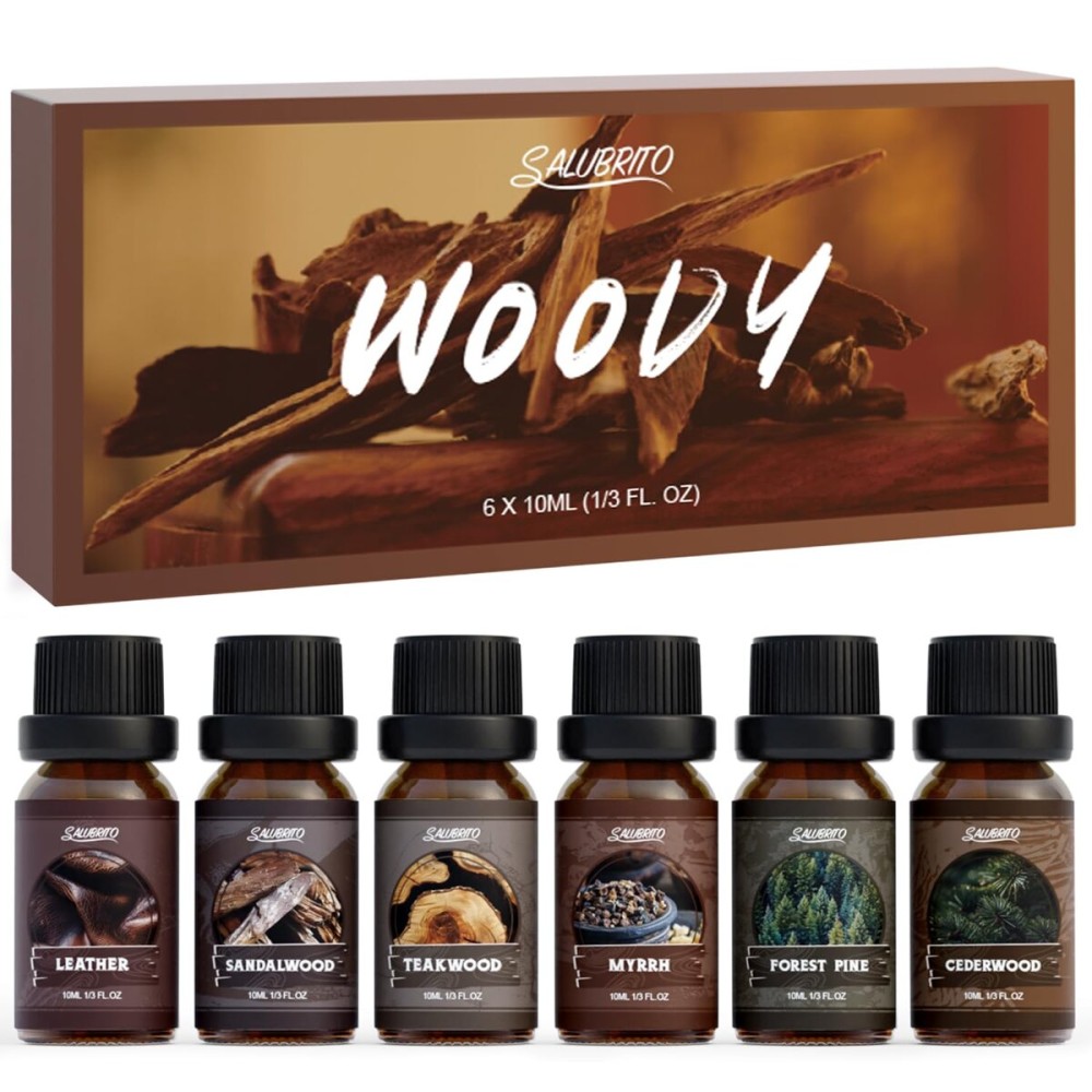 SALUBRITO Woody Fragrance Oils Set, Wood Essential Oil Set for Diffuse, Forest Pine, Sandalwood, Leather, Teakwood, Myrrh, Cedarwood Scented Oil for Candle, Soap Making