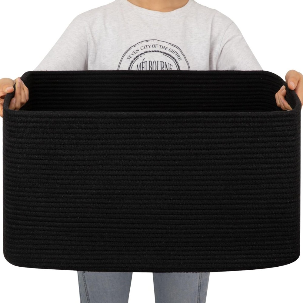 OIAHOMY 75L Large Blanket Basket, Storage Baskets with Handle, Rectangle Woven Cotton Rope Basket, Toy Organizer Bins, 22 x 17x 12 in,Charcoal Black