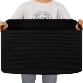OIAHOMY 75L Large Blanket Basket, Storage Baskets with Handle, Rectangle Woven Cotton Rope Basket, Toy Organizer Bins, 22 x 17x 12 in,Charcoal Black