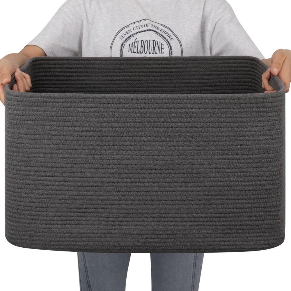 OIAHOMY Large Blanket Basket,Storage Basket with Handle, Blanket Basket for Living Room, Rectangle Woven Cotton Rope Basket for Bedroom, Toy Baskets Organizer Bins, 22 x 17 x 12 in, Dark Grey