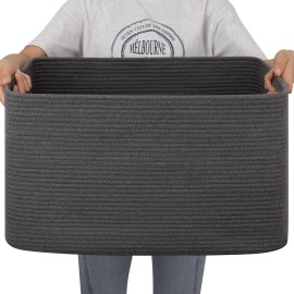OIAHOMY Large Blanket Basket,Storage Basket with Handle, Blanket Basket for Living Room, Rectangle Woven Cotton Rope Basket for Bedroom, Toy Baskets Organizer Bins, 22 x 17 x 12 in, Dark Grey