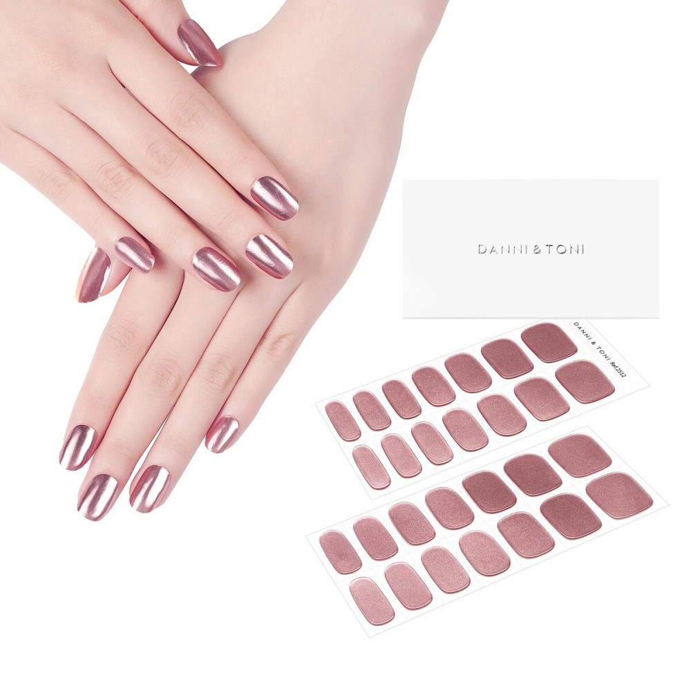 DANNI & TONI Semi Cured Gel Nail Strips Rose Gold (Champagne Shine) Mirror Gel Nail Stickers Metalic 28 Stickers