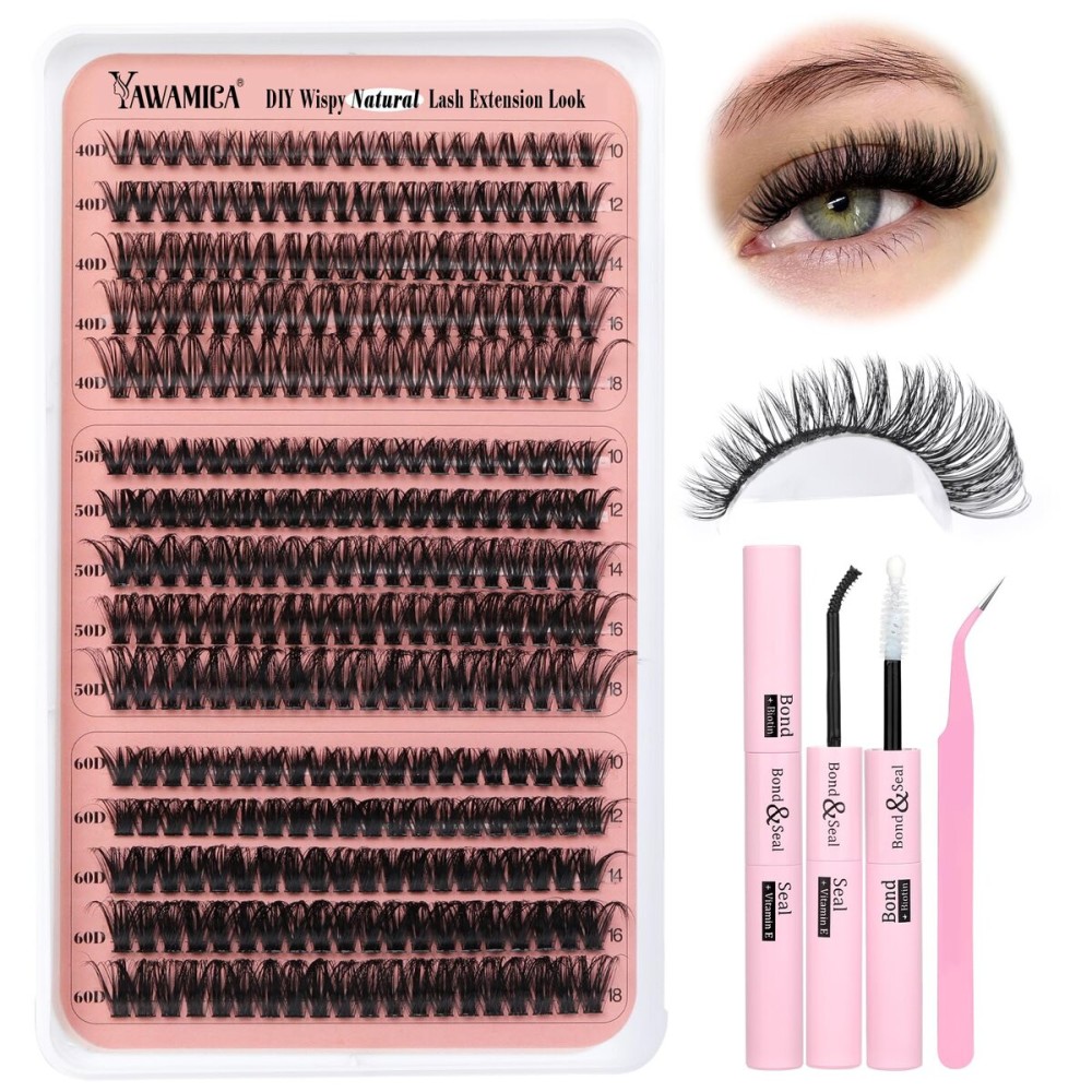 Yawamica Lash Extension Kit Wispy Volume Lash Clusters 40D+50D+60D Individual Lashes 10-18mm Eyelash Extension Kit D Curly 300pcs Eyelash Clusters with Waterproof Lash Bond and Seal and Lash Tweezers