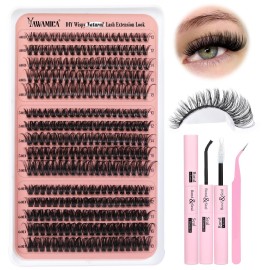 Yawamica Lash Extension Kit Wispy Volume Lash Clusters 40D+50D+60D Individual Lashes 10-18mm Eyelash Extension Kit D Curly 300pcs Eyelash Clusters with Waterproof Lash Bond and Seal and Lash Tweezers