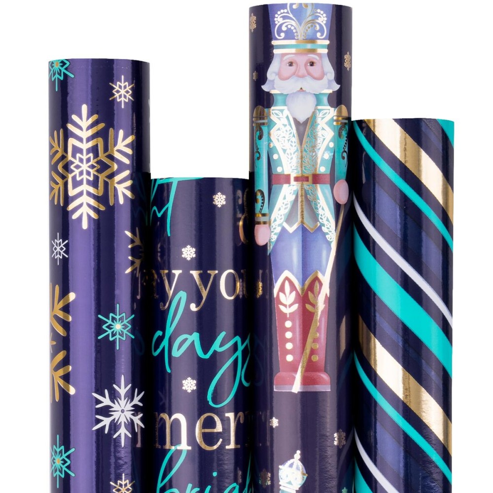 RUSPEPA Christmas Wrapping Paper - Nutcracker Soldier, Snowflake, Stripe and Text Design with Metallic Foil Shine - 4 Rolls - 30 Inches x 10 Feet Per Roll