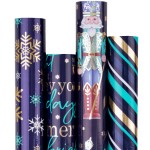 RUSPEPA Christmas Wrapping Paper - Nutcracker Soldier, Snowflake, Stripe and Text Design with Metallic Foil Shine - 4 Rolls - 30 Inches x 10 Feet Per Roll