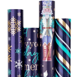 RUSPEPA Christmas Wrapping Paper - Nutcracker Soldier, Snowflake, Stripe and Text Design with Metallic Foil Shine - 4 Rolls - 30 Inches x 10 Feet Per Roll