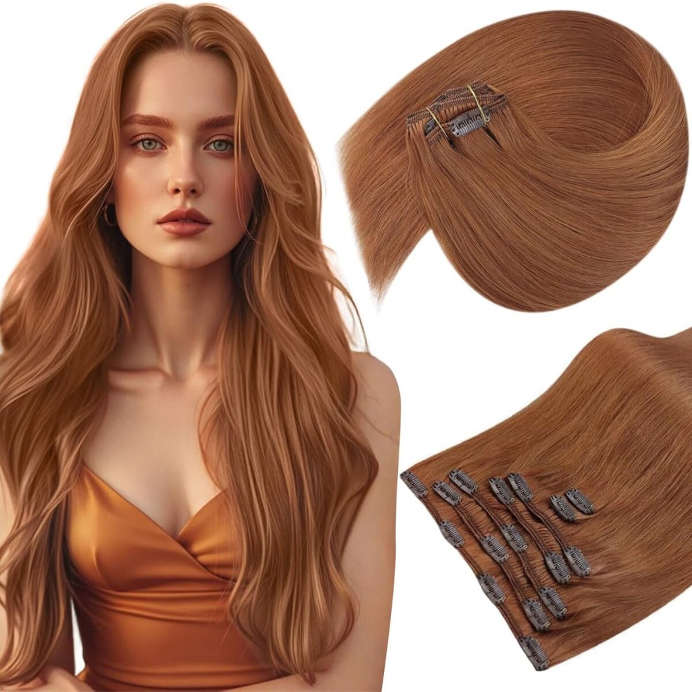 Sunny Hair Clip in Hair Extensions Real Human Hair Double Weft Remy Hair Clip in Extensions Human Hair for Women Full Head Ginger Copper 14inch