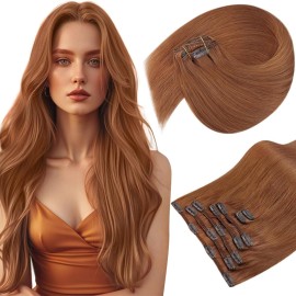 Sunny Hair Clip in Hair Extensions Real Human Hair Double Weft Remy Hair Clip in Extensions Human Hair for Women Full Head Ginger Copper 14inch