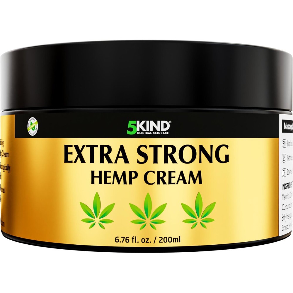 5kind Extra Strong Hemp Cream 6.76 fl oz - Maximum Strength - Natural Soothing Topical Cream - Muscle Rub for Lower Back, Joints, Neck, Knees, Shoulders