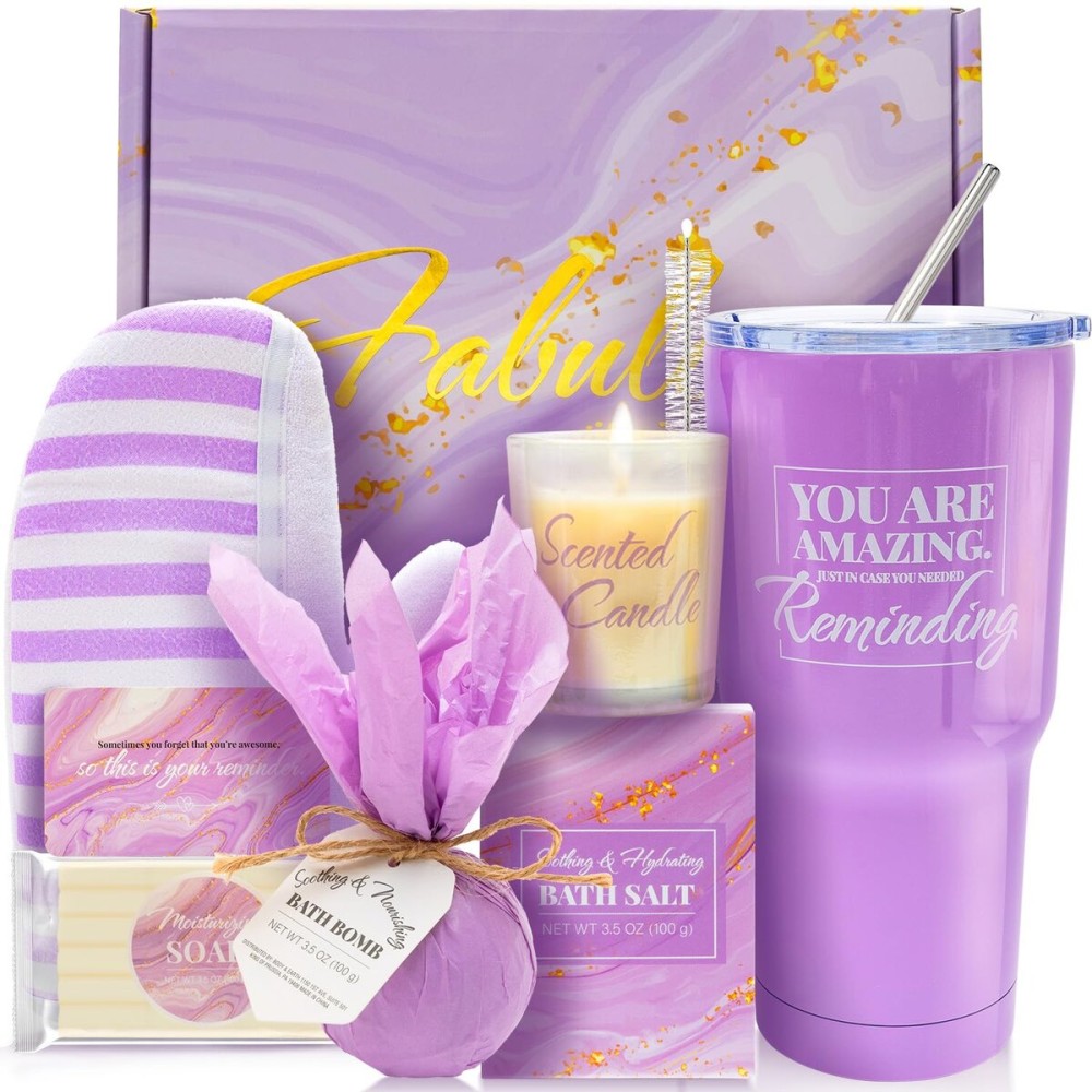 BODY & EARTH Self Care Gifts for Women Get Well Soon Gifts, Purple Birthday Gift Baskets, 8pcs Lavender Bath and Body Sets with 20oz Vacuum Insulated Tumbler Mother\'s Day Gifts for Mom