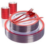 I00000 150pcs Disposable Christmas Plates | Clear Plates Red Trim,Silverware | Christmas Dinnerware Set Perfect for Party (25 Guests)