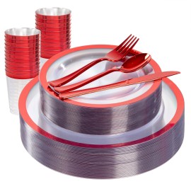 I00000 150pcs Disposable Christmas Plates | Clear Plates Red Trim,Silverware | Christmas Dinnerware Set Perfect for Party (25 Guests)