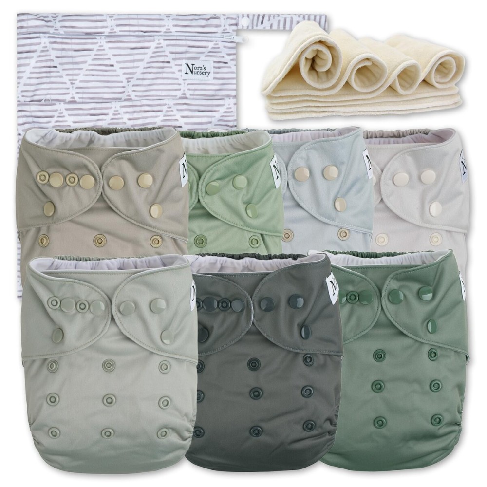 Nora\'s Nursery Morning Dew Cloth Diapers 7 Pack with 7 Inserts & 1 Wet Bag - Waterproof Cover, Washable, Reusable & One Size Adjustable Pocket Diapers for Newborns and Toddlers