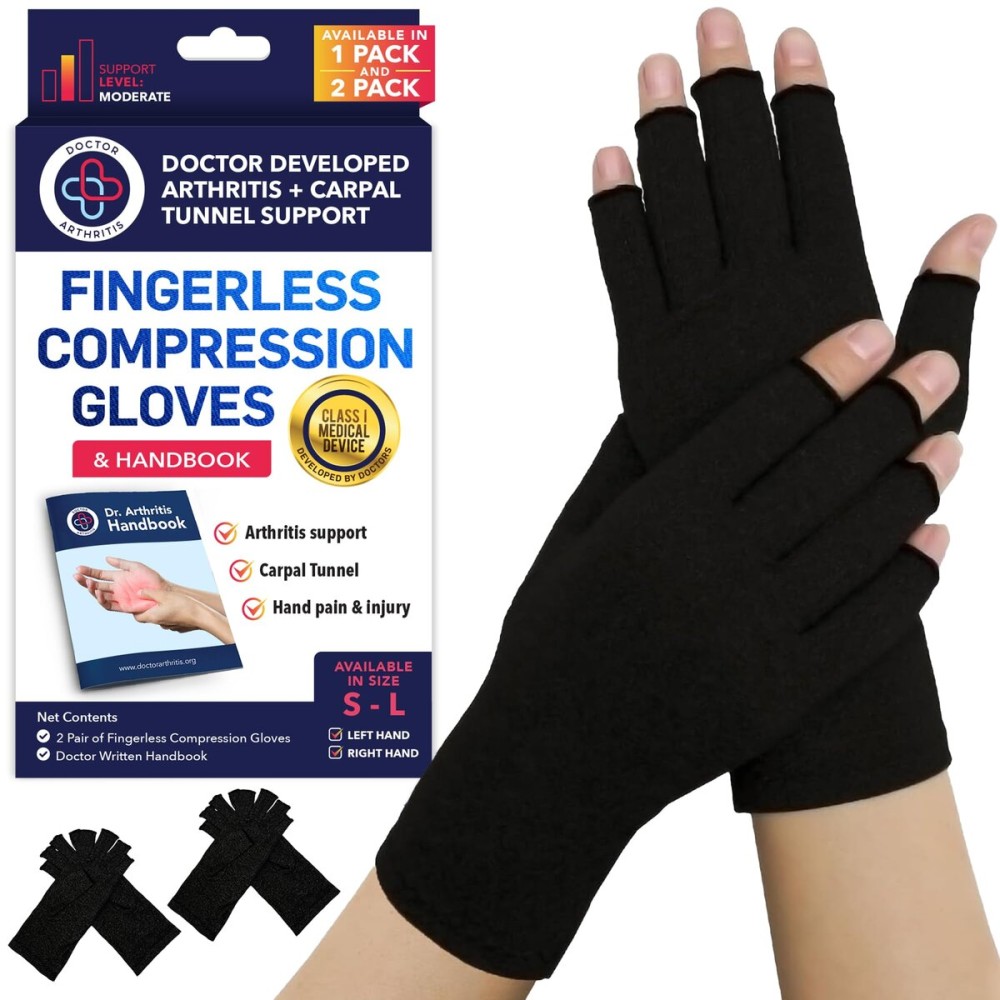 Doctor Developed Compression Gloves for Women and Men, Open-Finger Arthritis Gloves, Typing Gloves, Arthritis & Carpal Tunnel, 2 Pair (Black, L)