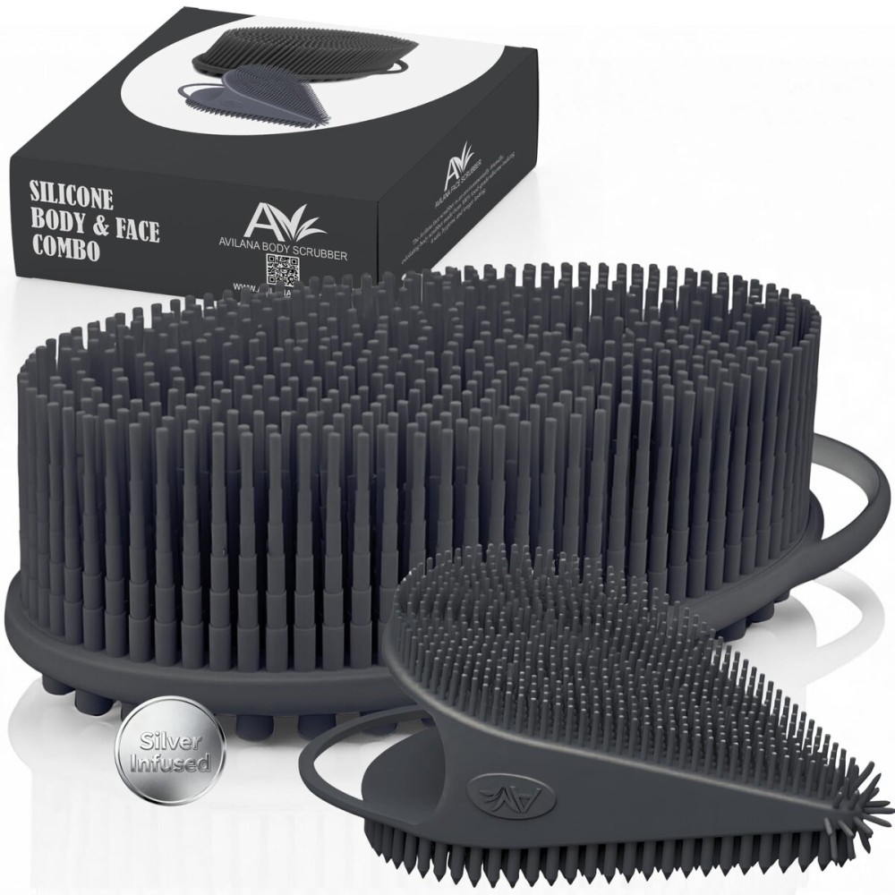 Silver Infused Body Face Scrubber Set - 2 Pack Premium Shower Brush Kit - Avilana Advanced Material Bath Loofah Alternative Complete Skincare System - Luxury Gift Set Women Men