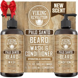Viking Revolution Palo Santo Beard Wash and Beard Conditioner Set with Argan and Jojoba Oils - Softens and Strengthens - Natural Palo Santo Scent - Beard Shampoo with Ginseng Root Extract (17 oz)