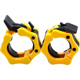 Clout Fitness Pro Elite Olympic Barbell Clamps Collars Quick Release Pair of Locking Weight Clips Fit 2 Inch Barbell for Weightlifting (Yellow w/Black)