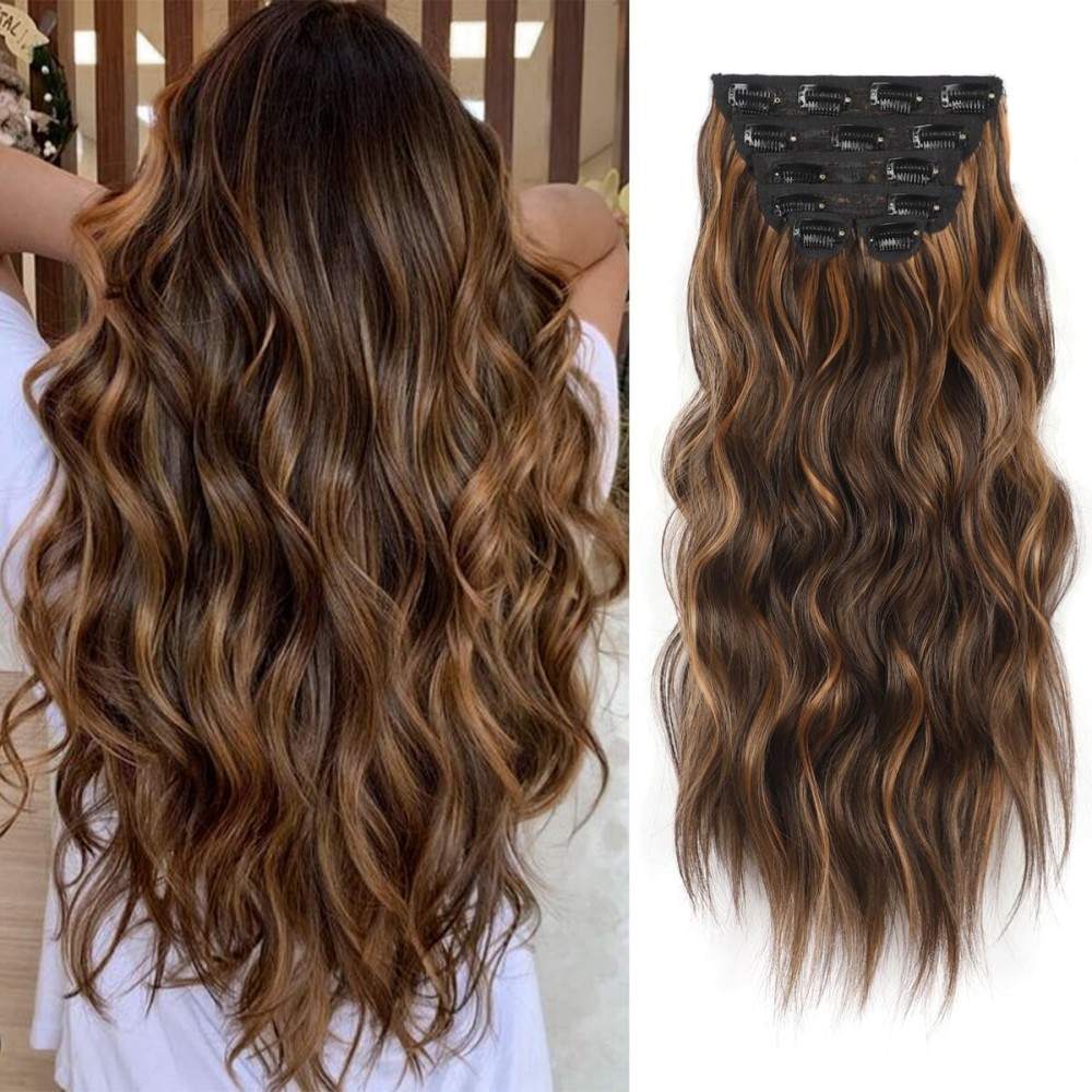 Vigorous Clip in Hair Extensions 20Inch Hair Extensions Clip Ins 6Pcs Long Wavy Synthetic Hairpieces for Women (Caraamel Brown & Dark Roasted Coffee)