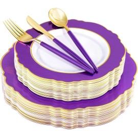 WDF 30Guest Purple Plastic Plates with Gold Rim & Disposable Gold Plastic Silverware With Purple Handle - Baroque Party Plates Mardi Gras Plate for Birthday Parties/Wedding